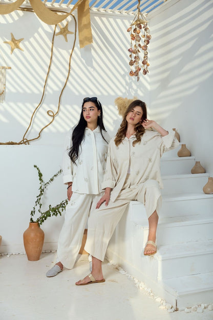 Ivory embroidered linen set beige