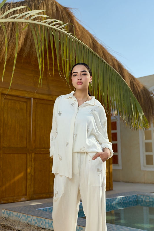 Ivory embroidered white linen set