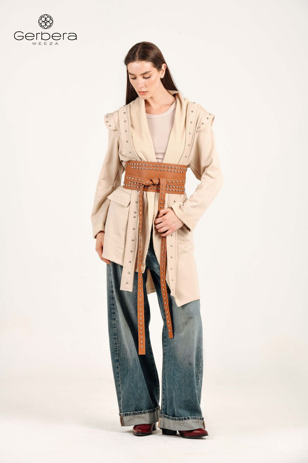 Beige Belted Padded Cotton Jacket