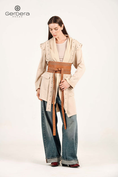 Beige Belted Padded Cotton Jacket