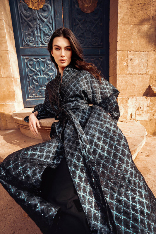 Baheya Black & Silver Kaftan in Luxurious Brocade Organza