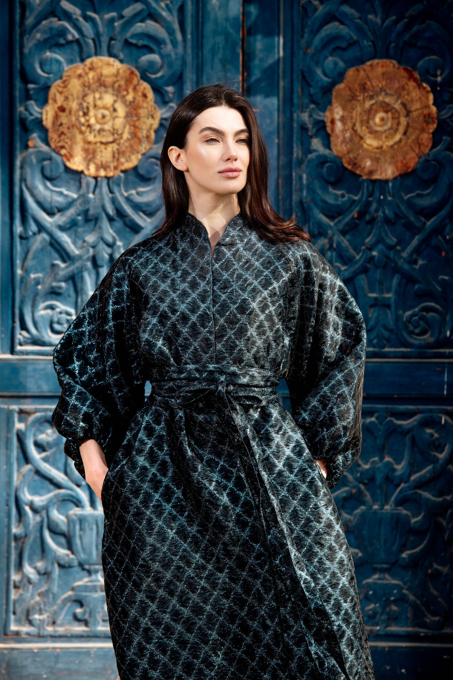 Baheya Black & Silver Kaftan in Luxurious Brocade Organza