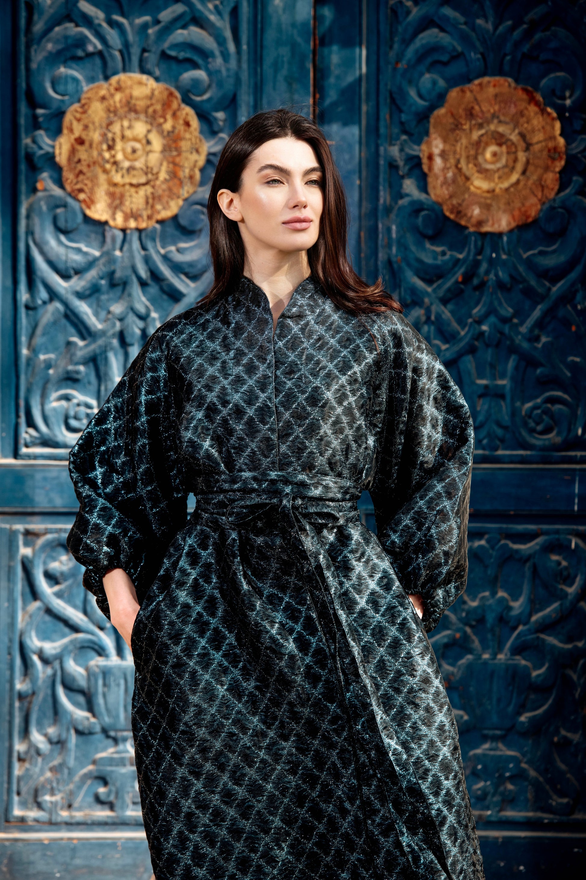 Baheya Black & Silver Kaftan in Luxurious Brocade Organza