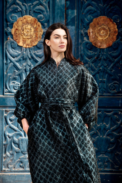 Baheya Black & Silver Kaftan in Luxurious Brocade Organza