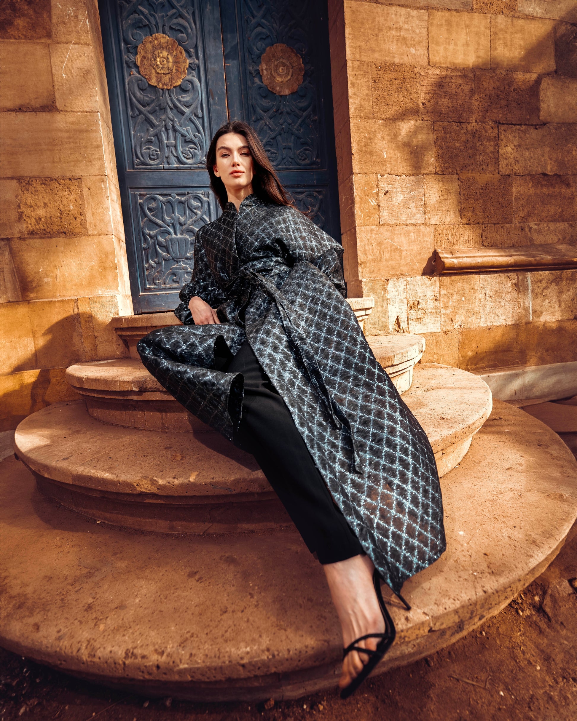 Baheya Black & Silver Kaftan in Luxurious Brocade Organza