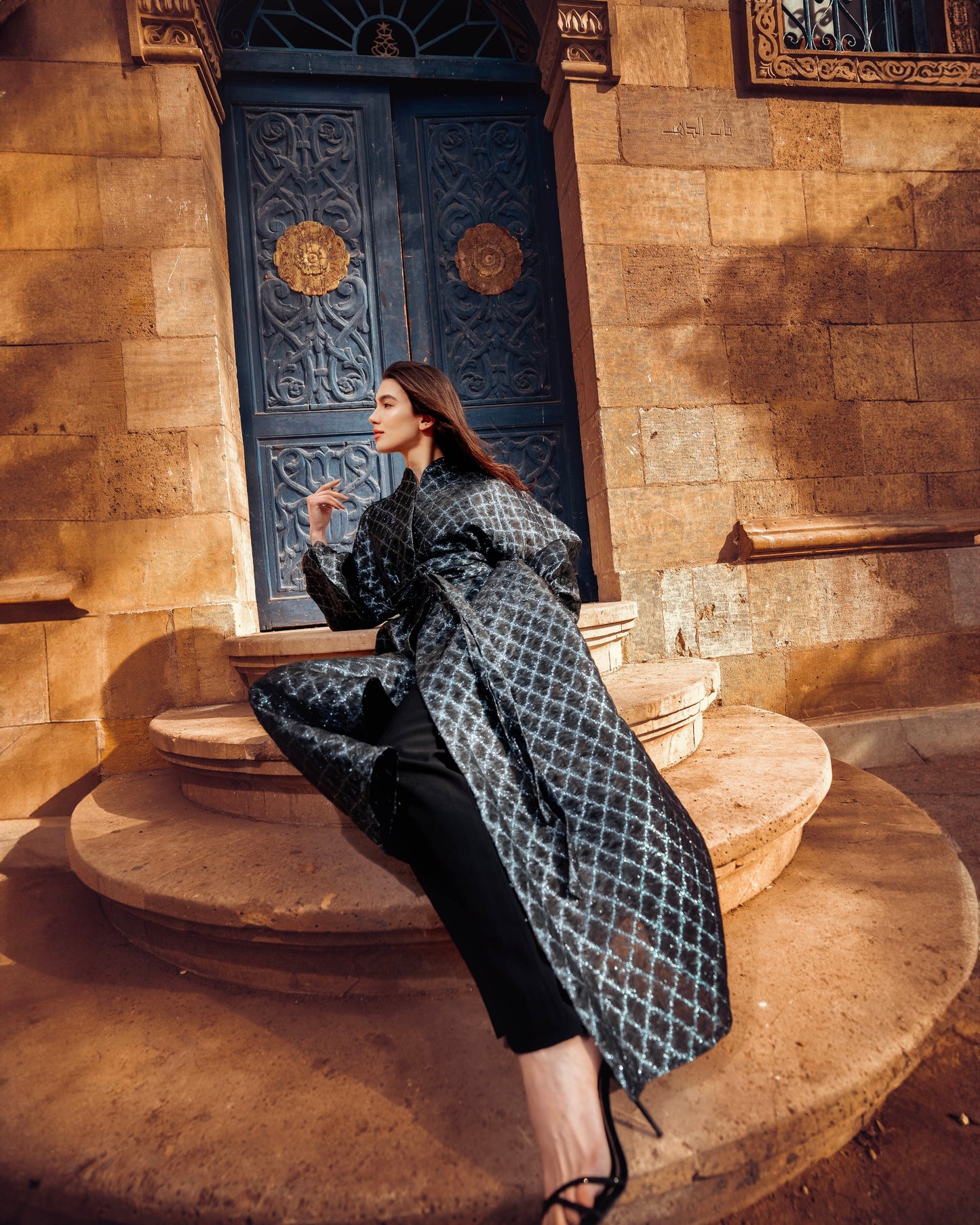 Baheya Black & Silver Kaftan in Luxurious Brocade Organza