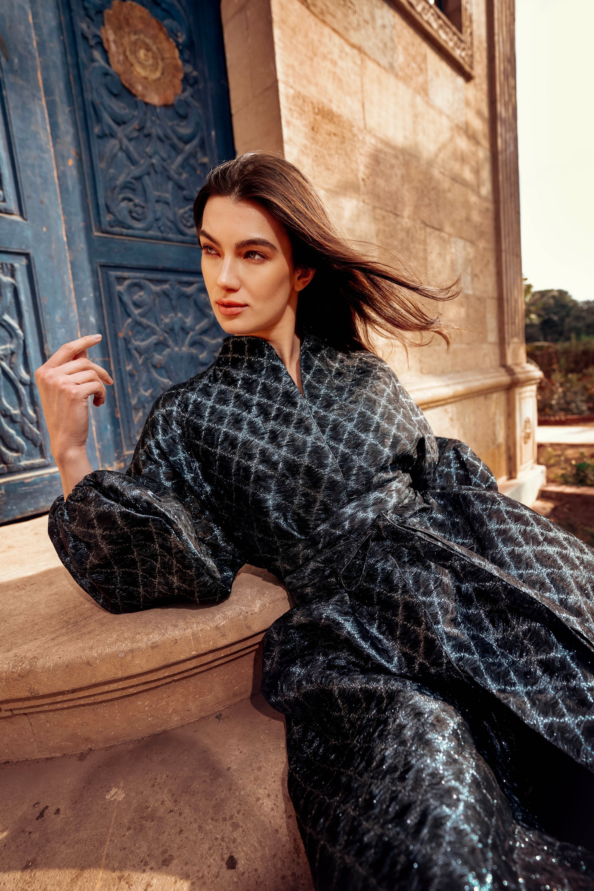 Baheya Black & Silver Kaftan in Luxurious Brocade Organza