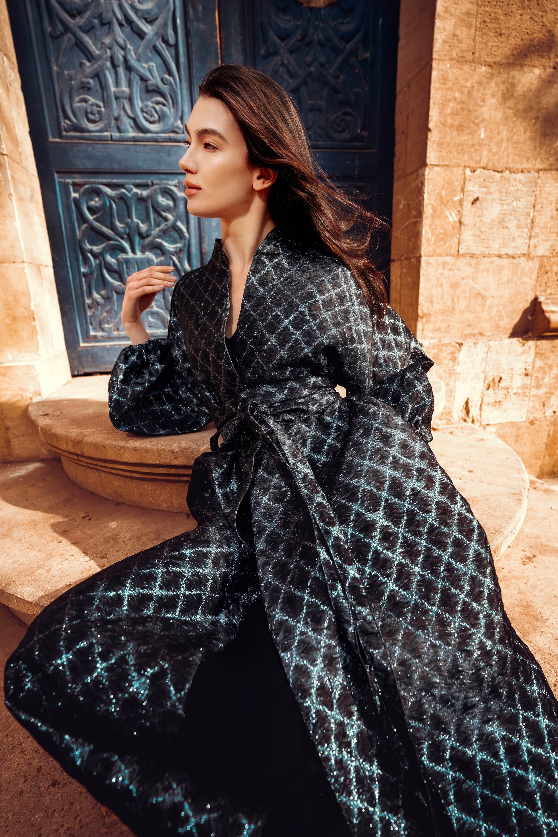 Baheya Black & Silver Kaftan in Luxurious Brocade Organza