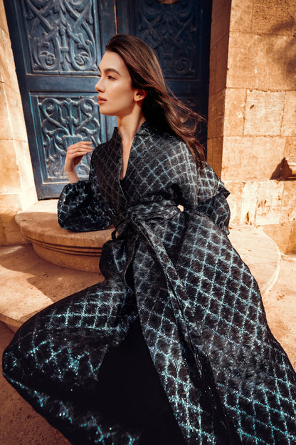 Baheya Black & Silver Kaftan in Luxurious Brocade Organza