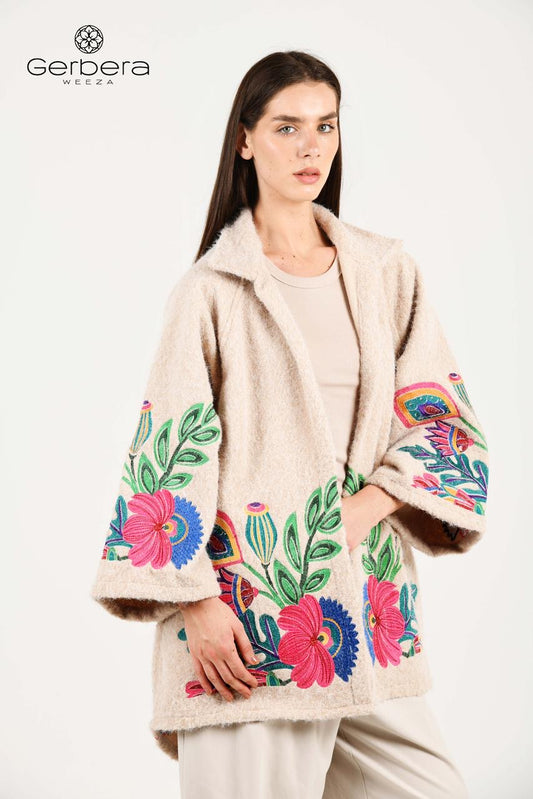 Beige Embroidered Wool Jacket