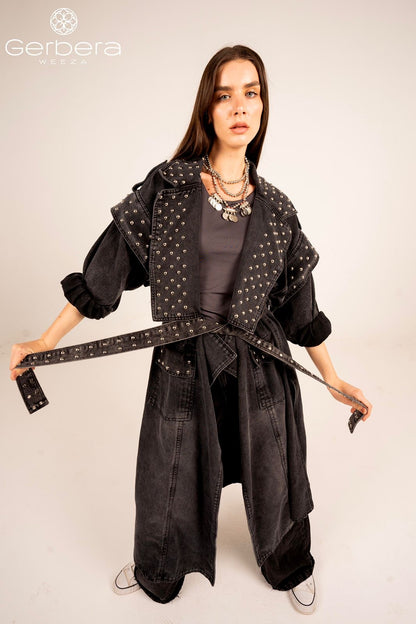 Black Studded Denim Coat