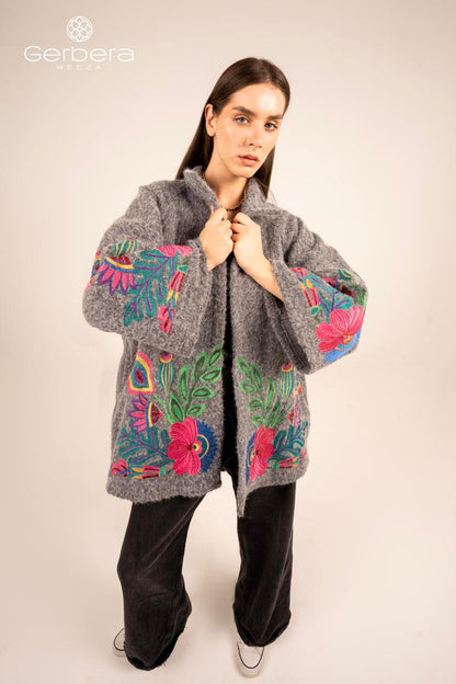 Grey Embroidered Wool Jacket