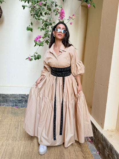 Beige Belted Muse Dress