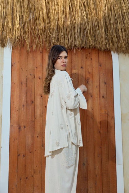 Ivory embroidered linen set beige