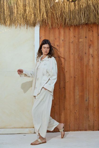 Ivory embroidered linen set beige