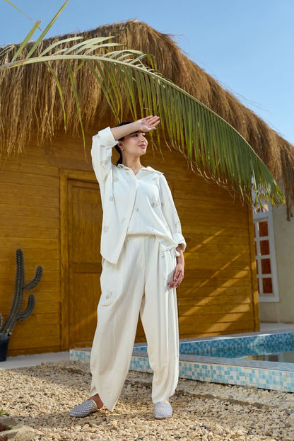 Ivory embroidered white linen set