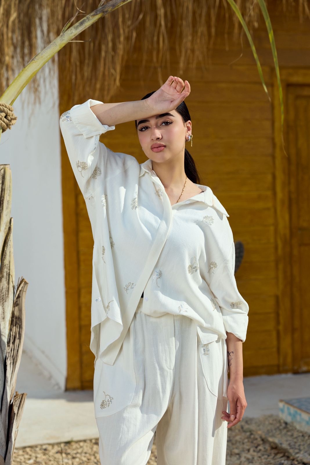 Ivory embroidered white linen set