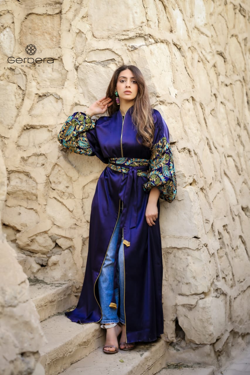 Embroidered Satin Kaftan with Belt