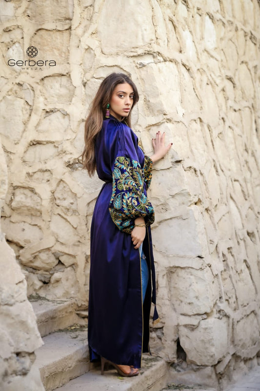 Embroidered Satin Kaftan with Belt